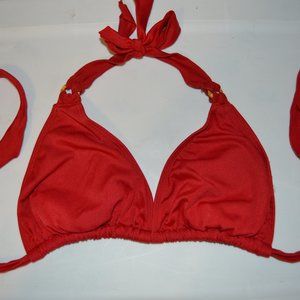 Red triangle bikini TOP ONLY w/ wooden look accents  Size Small  EUC